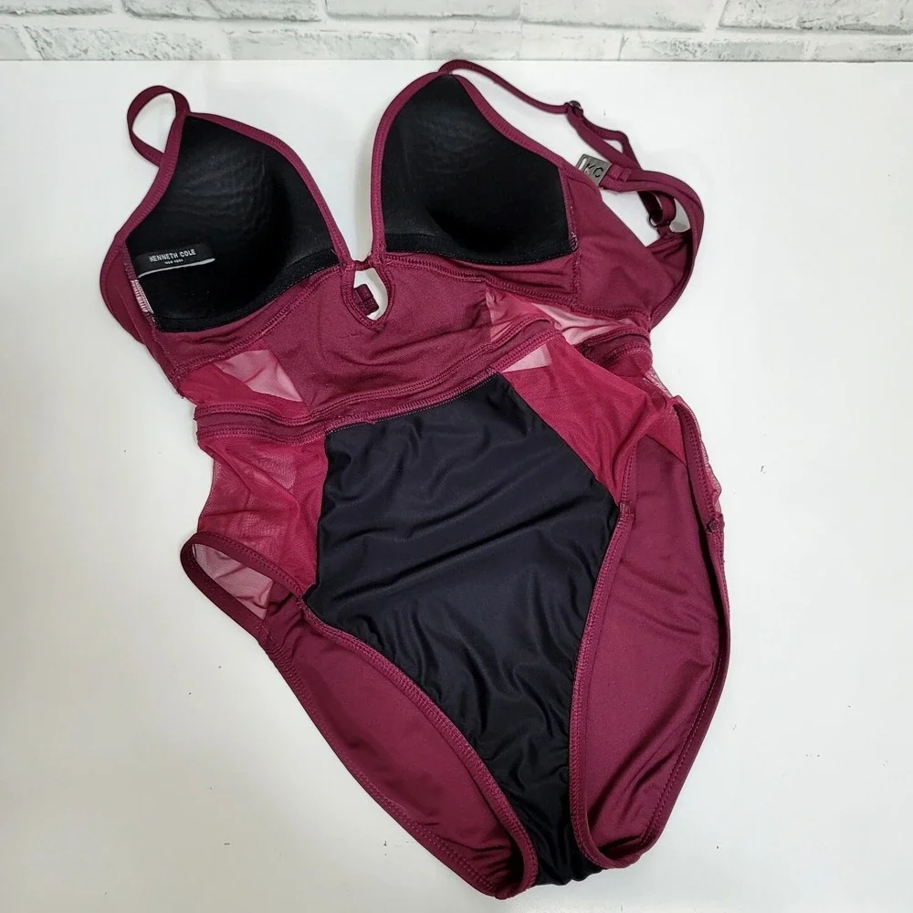 Kenneth Cole New York Burgundy Mesh‎ Panel One Piece Swimsuit VNeck Cutout Back
